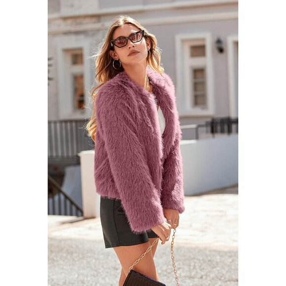 〽️Women's Bean Paste Red vPRETTYGARDEN Cropped Faux Fur Warm Outerwear Jacket - Picture 3 of 8